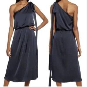New Amylynn Satin One Shoulder Tie Sash Asymmetrical Midi Dress Small Women Blue